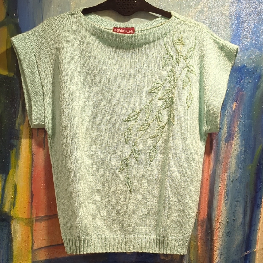 Vintage Sasson Green Beaded/ Embroidered Short Sleeve Sweater